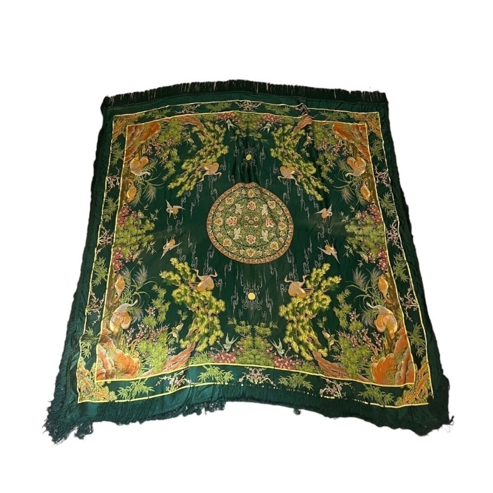 Vintage Brocaded Flowers Chinese Silk Tapestry 48" x 48" Green